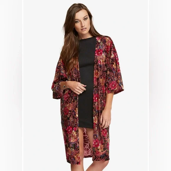 Pink Floral Velvet Feel Kimono Cardigan Womens Beach Coverup Y2K Cottagecore - Picture 3 of 5